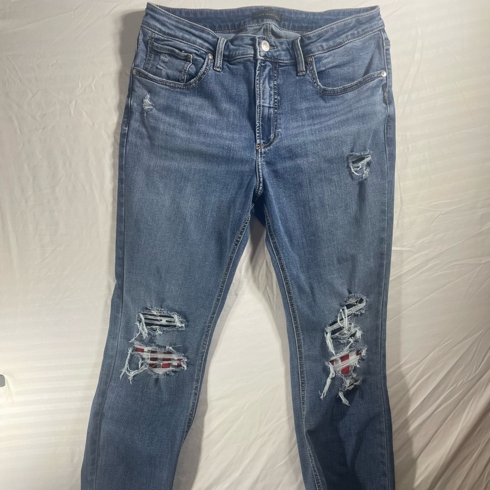 Silver Jeans Medium Blue Distressed Boyfriend Jeans with Red Patch Accents‎